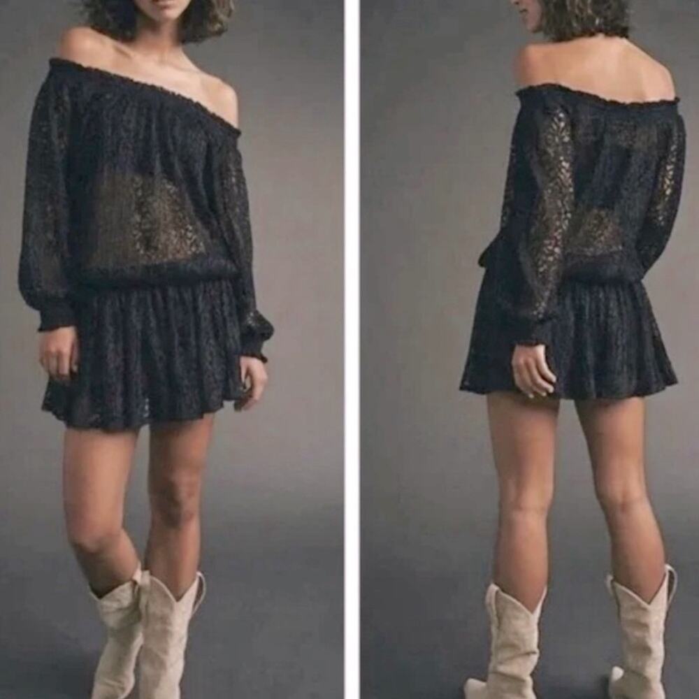 NWT Free People Carina Meadow black lace blouson mini dress with bandeau top, M